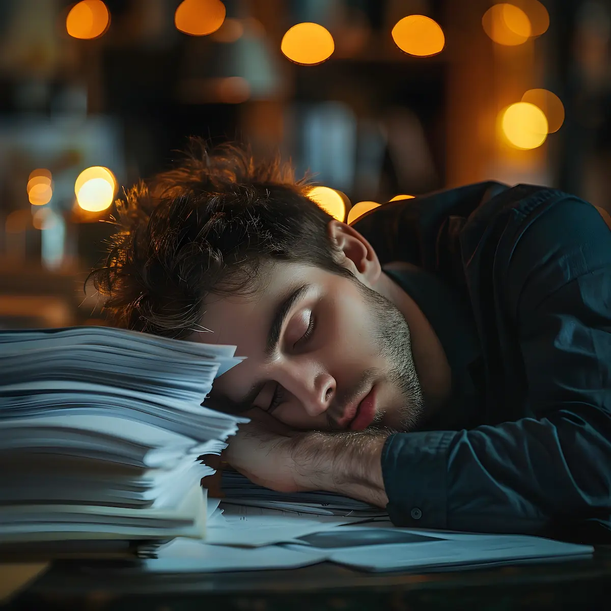 Exhausted Employee Resting Head on Paperwork