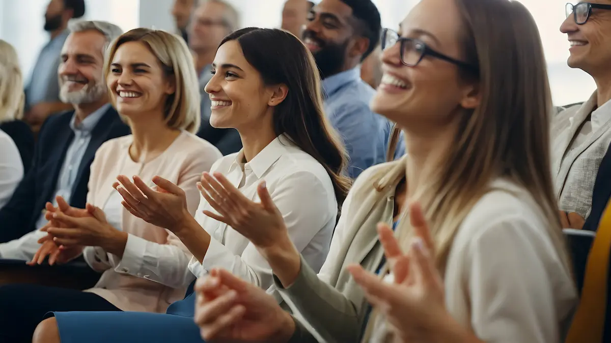 conference and happy audience laughing at a seminar