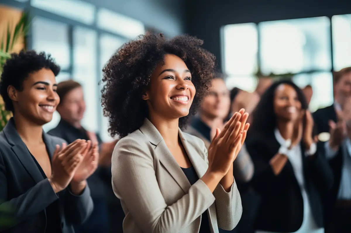 finance team and diversity of business group clapping